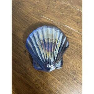 VTG MCM CARNIVAL GLASS IRIDESCENT BLUE CLAM SHELL PAPERWEIGHT 3.5"